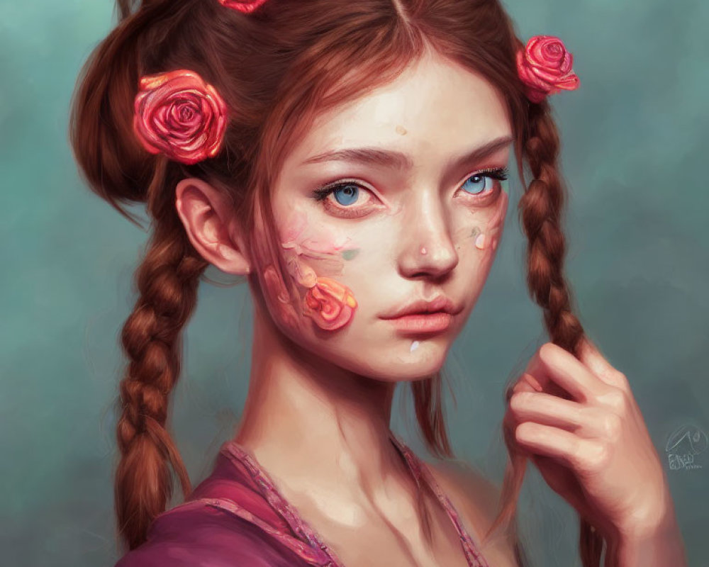 Digital painting of young woman with braided hair, roses, blue eyes, and floral face paint on