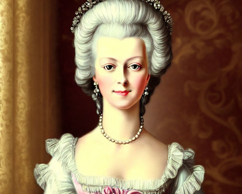 Digital painting of woman in 18th-century aristocrat attire on warm-toned background