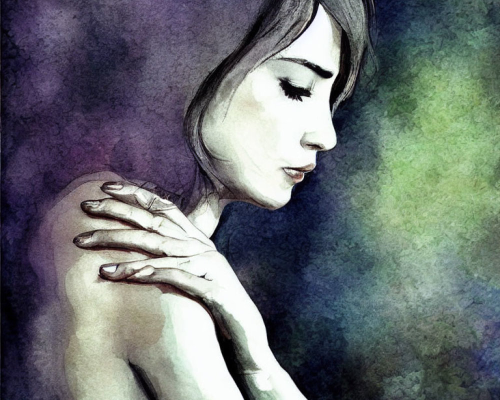 Pensive woman watercolor illustration on colorful backdrop