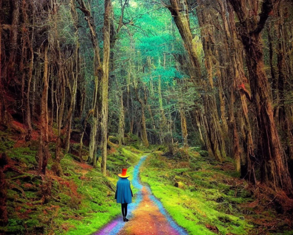 Person in Blue Coat and Red Hat Walking in Colorful Forest Path
