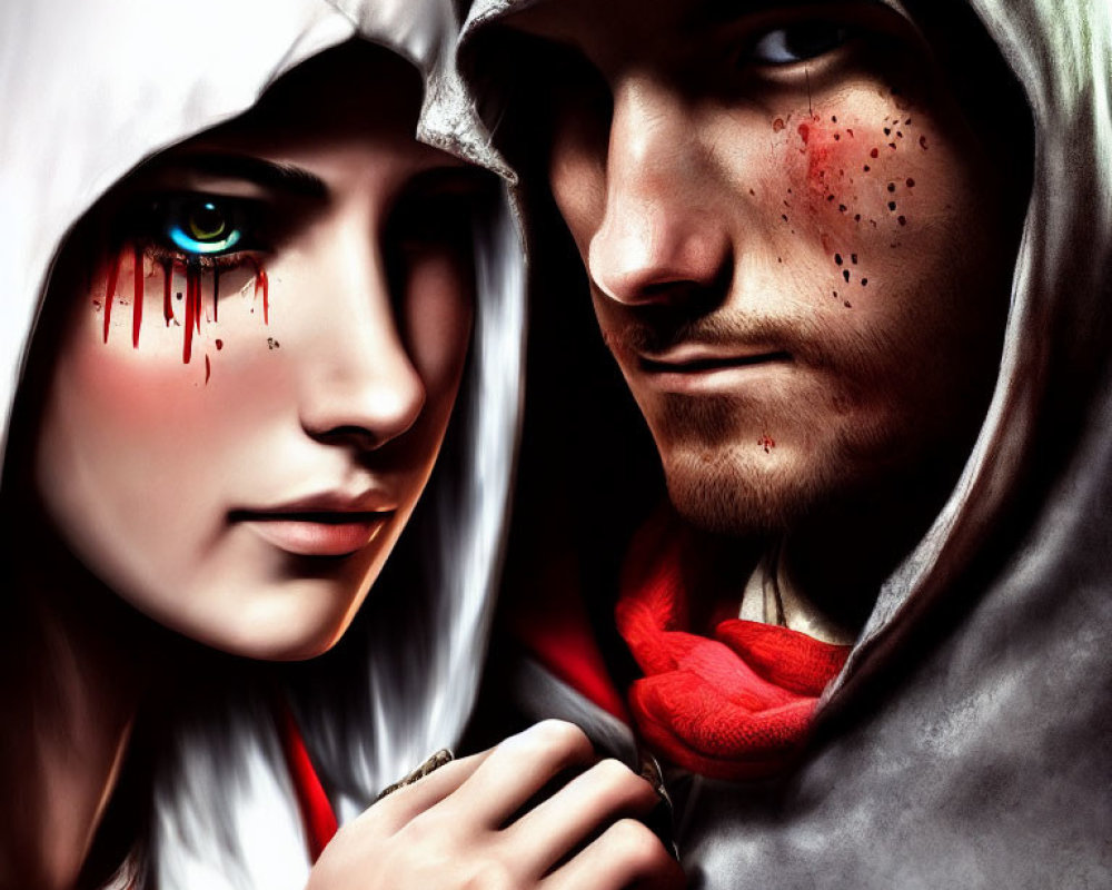 Digital artwork: Two figures in hooded cloaks, one with green eyes and blood tears, the