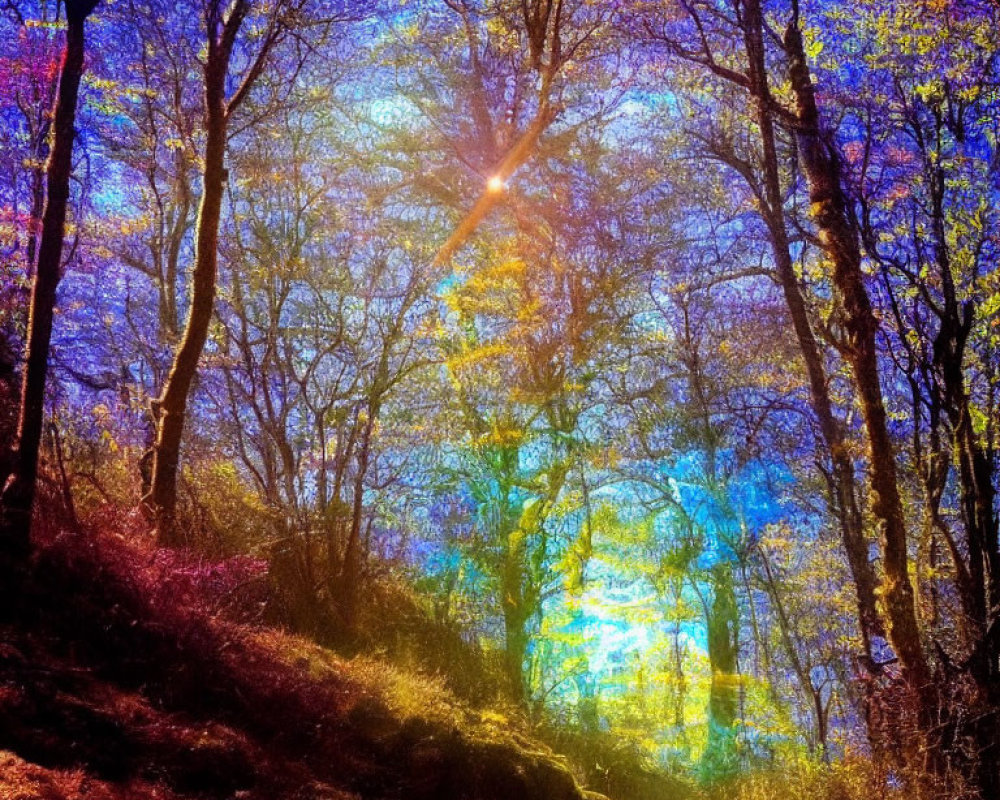Colorful forest scene with sunbeams and magical glow over pathway