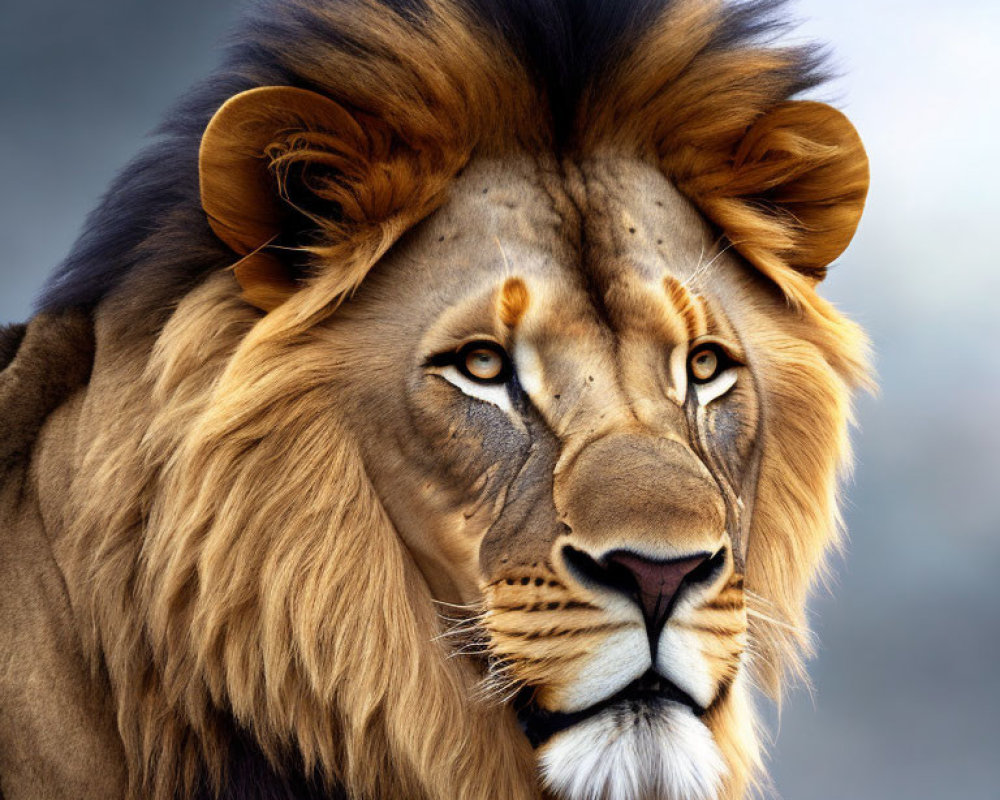 Majestic lion with full mane in soft-focus background