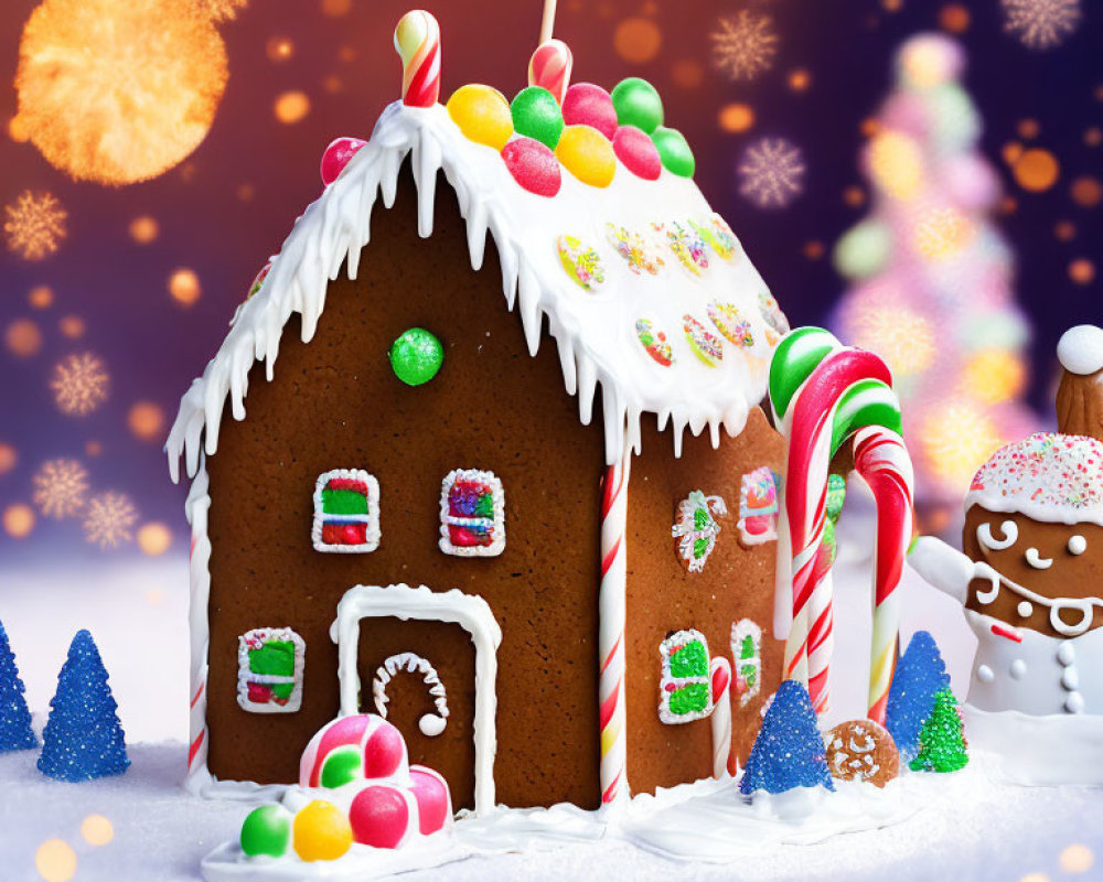 Whimsical gingerbread house with candy decorations and wintry backdrop