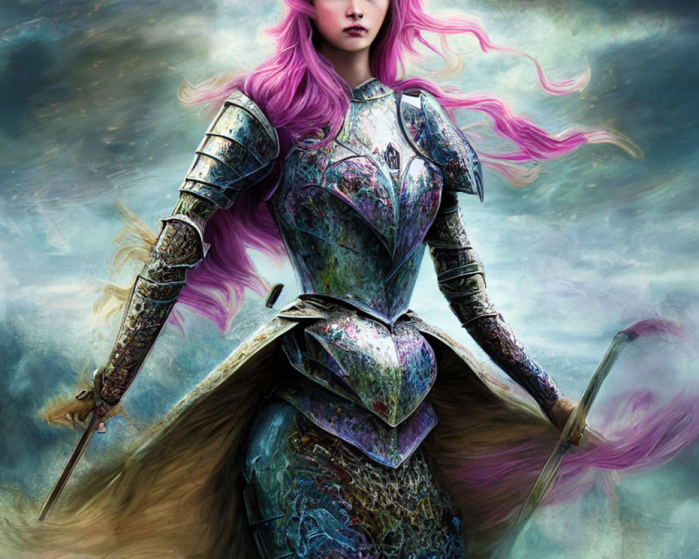 Pink-haired warrior in ornate armor against swirling sky.