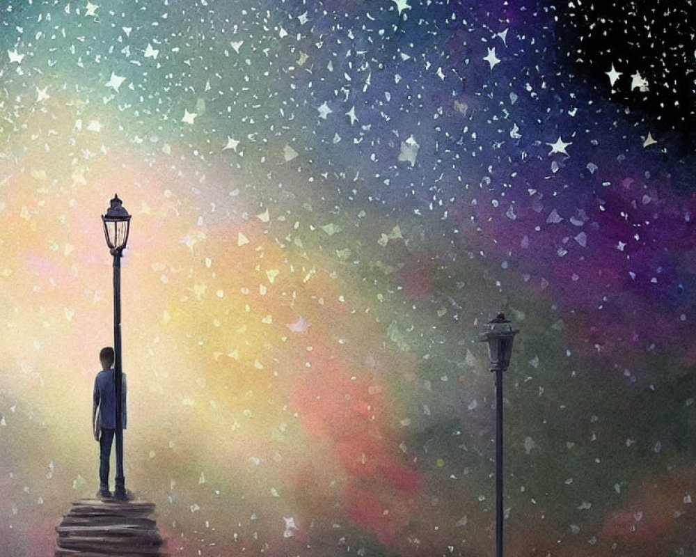 Solitary figure on stairs under star-filled sky with cosmic haze.