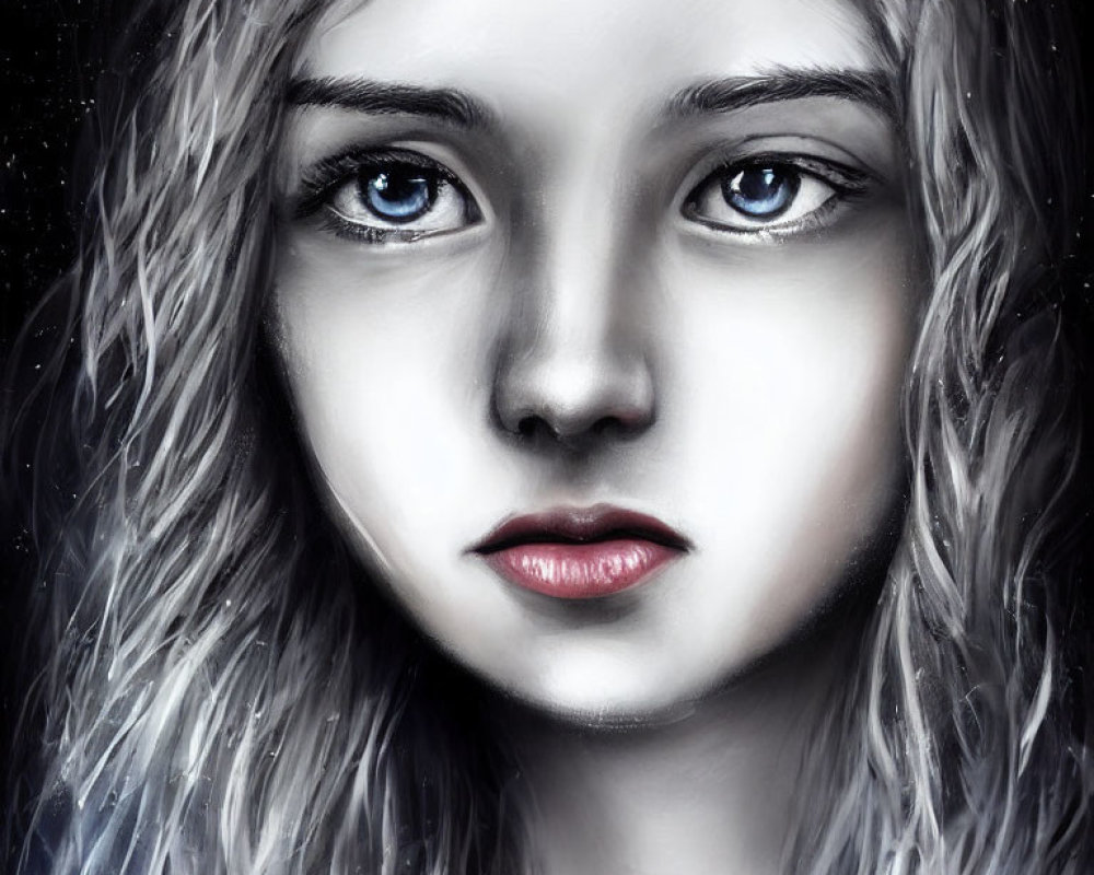 Digital painting of girl with blue eyes, pale skin, and grey hair on dark background