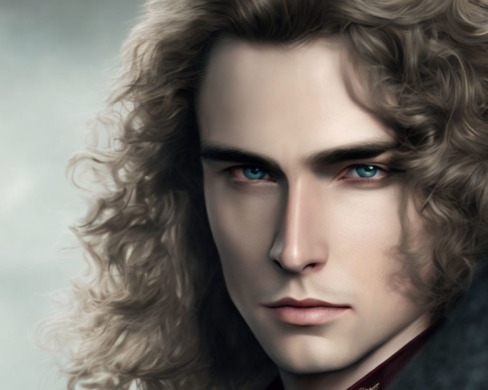 Digital painting: Man with wavy hair, blue eyes, fair skin, maroon collar.