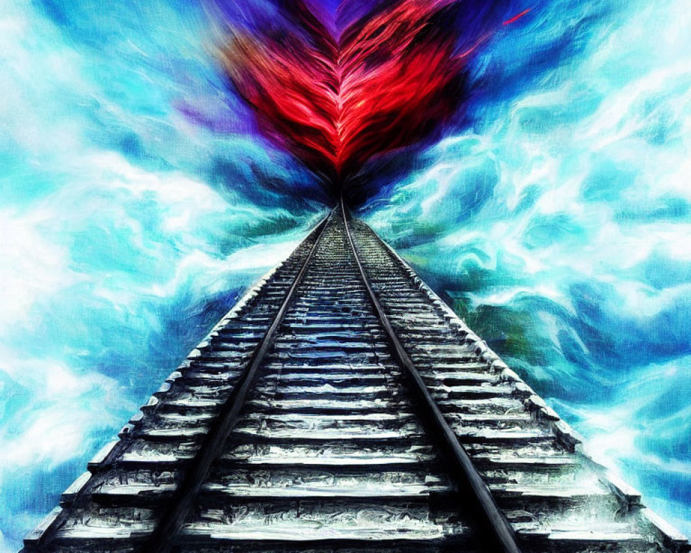Colorful surreal painting of railroad tracks under swirling sky