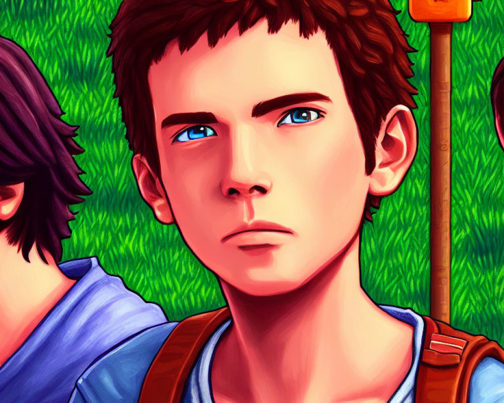 Detailed digital illustration of a young man with blue eyes and brown hair in white T-shirt and backpack.