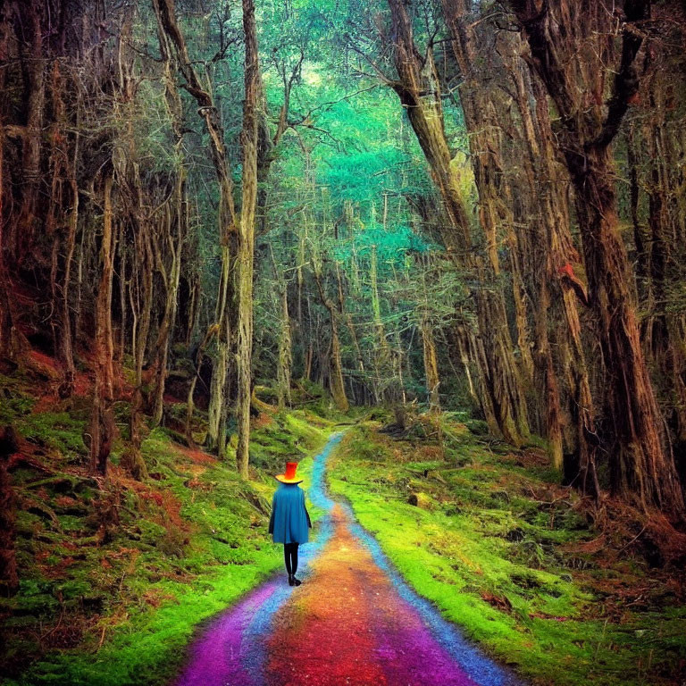 Person in Blue Coat and Red Hat Walking in Colorful Forest Path