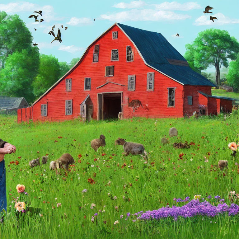 Rural landscape with red barn, green fields, animals, and birds