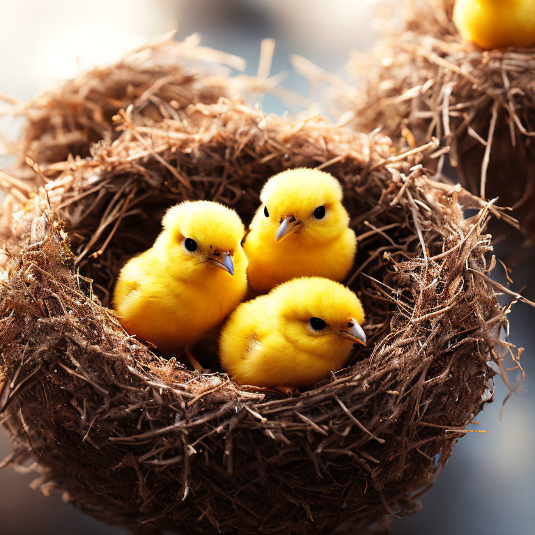 Three Yellow Chicks in Brown Bird's Nest with Soft-Focused Background