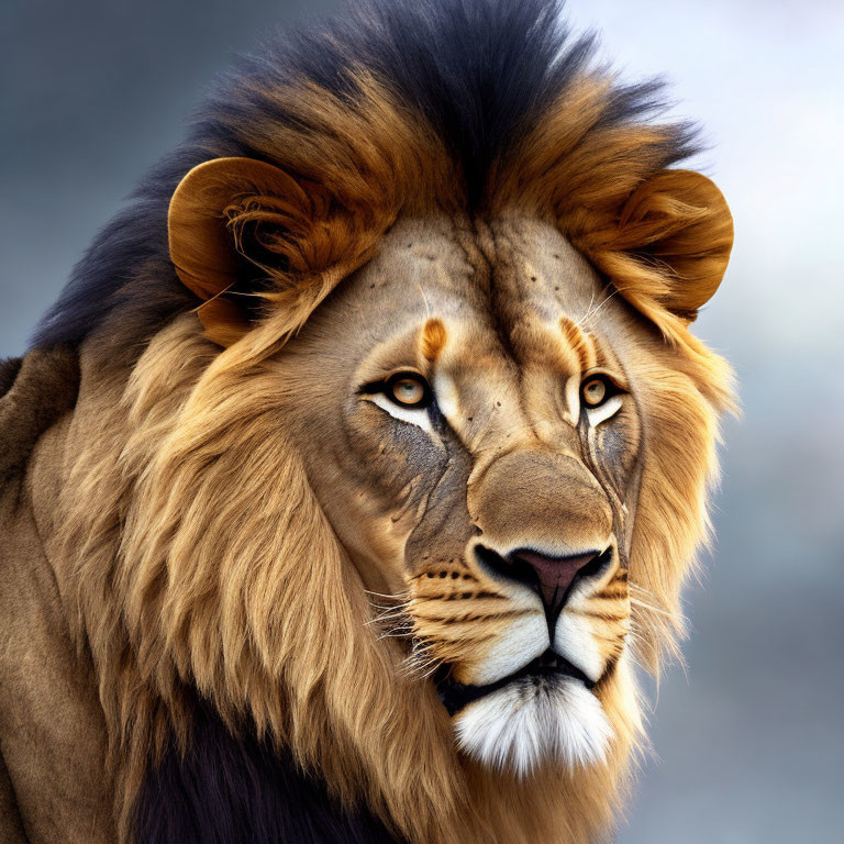 Majestic lion with full mane in soft-focus background