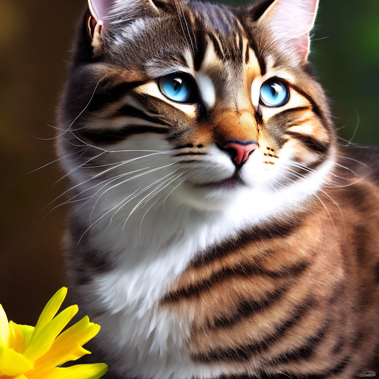 Brown and Black Tabby Cat with Blue Eyes Beside Yellow Flower