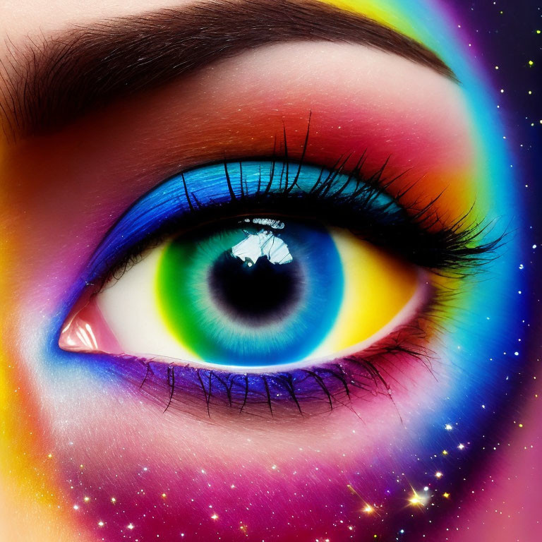 Close-up Eye Makeup: Rainbow Palette, Detailed Eyeliner, Sparkling Stars