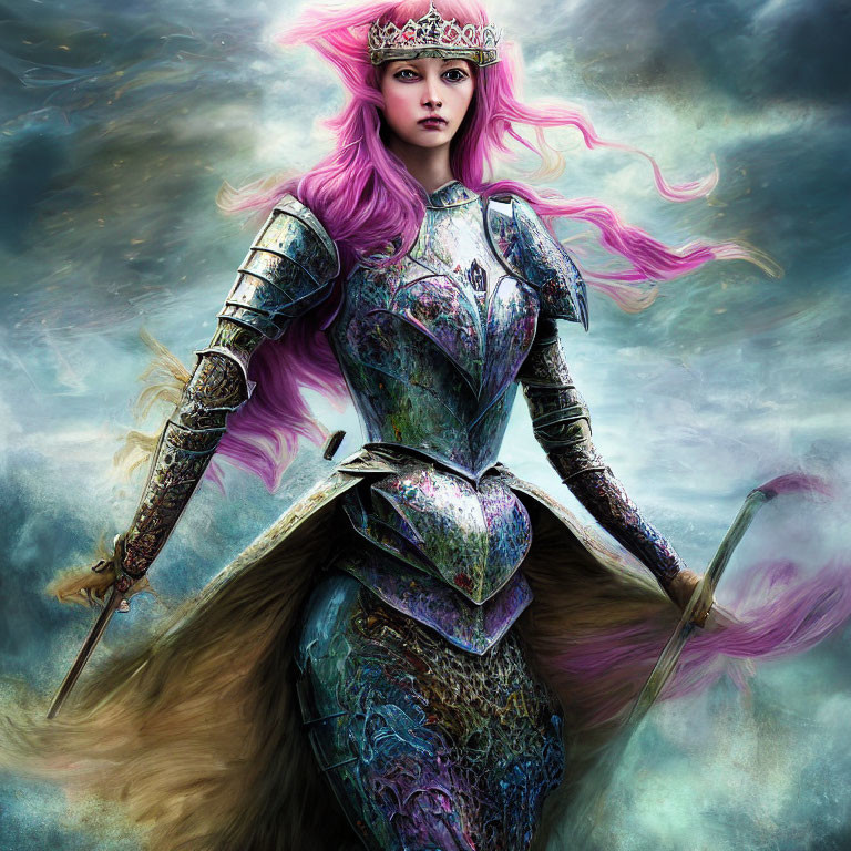 Pink-haired warrior in ornate armor against swirling sky.