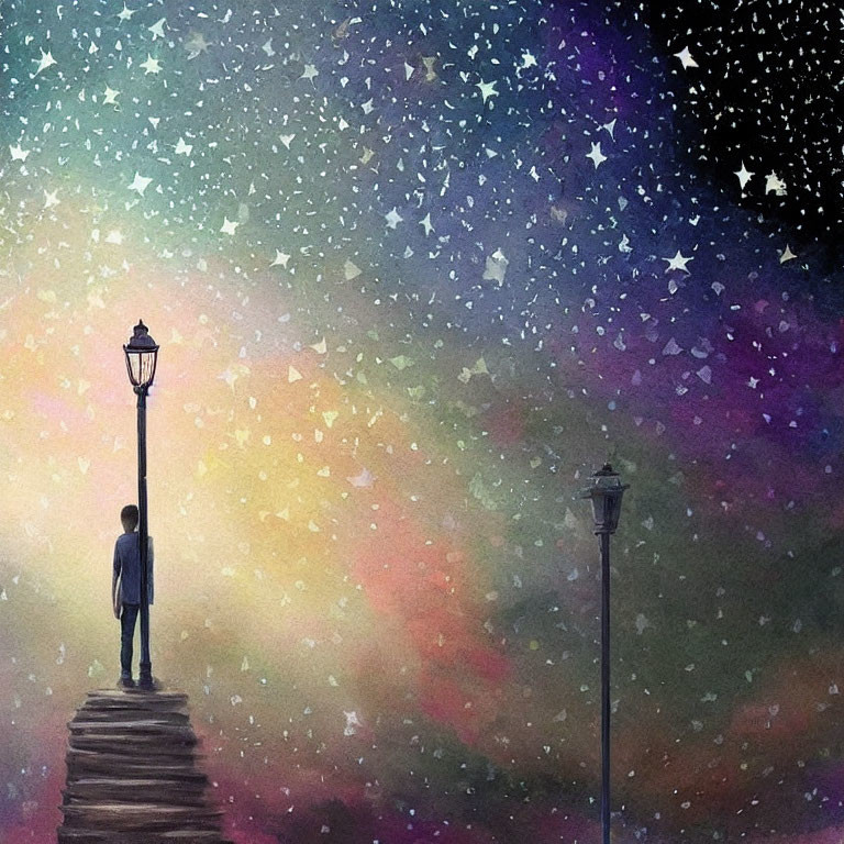 Solitary figure on stairs under star-filled sky with cosmic haze.