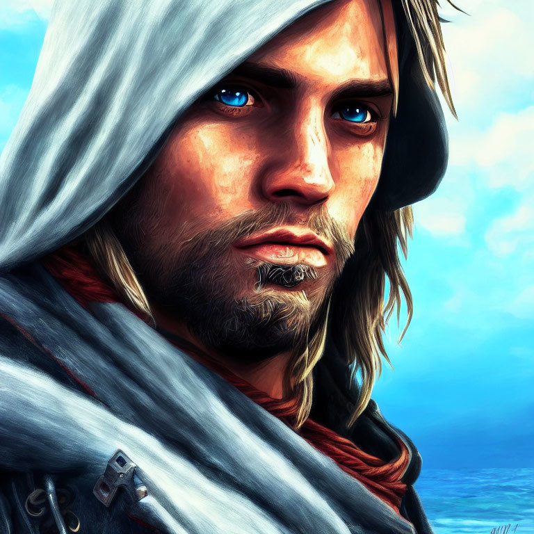 Digital art portrait: man with piercing blue eyes in hooded cloak against bright blue sky