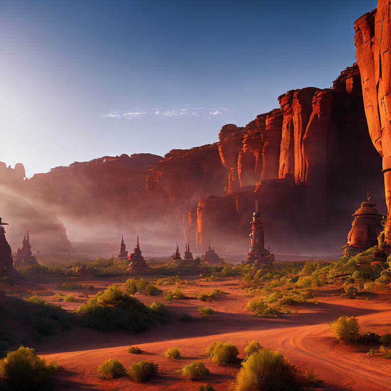 Vivid sunset over towering red sandstone formations in desert landscape