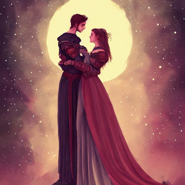 Illustrated Couple Embraces Under Moonlit Starry Sky in Medieval Attire