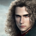 Digital painting: Man with wavy hair, blue eyes, fair skin, maroon collar.