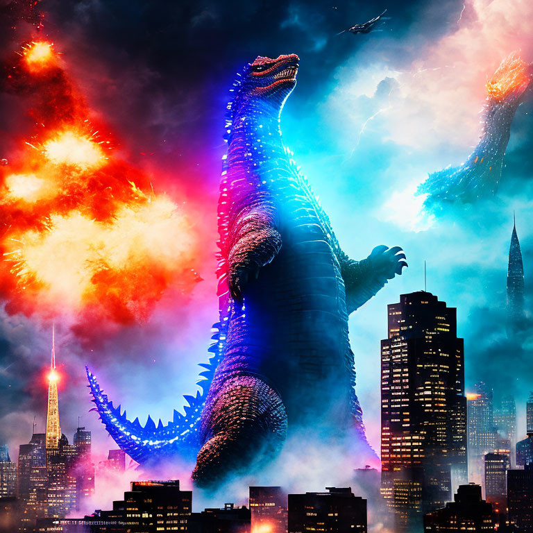 Monstrous Godzilla Roars in City Skyline Amid Explosions