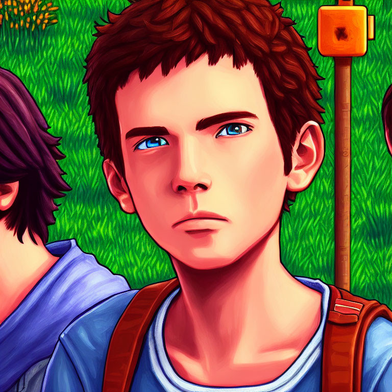 Detailed digital illustration of a young man with blue eyes and brown hair in white T-shirt and backpack.