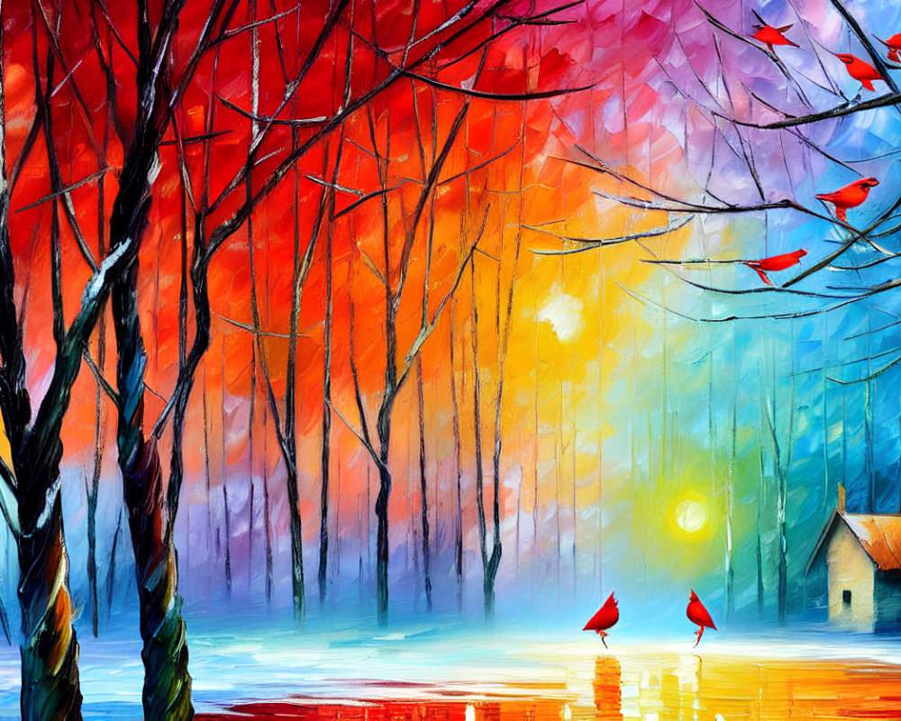 Colorful forest painting with red birds, house, and sun reflection.