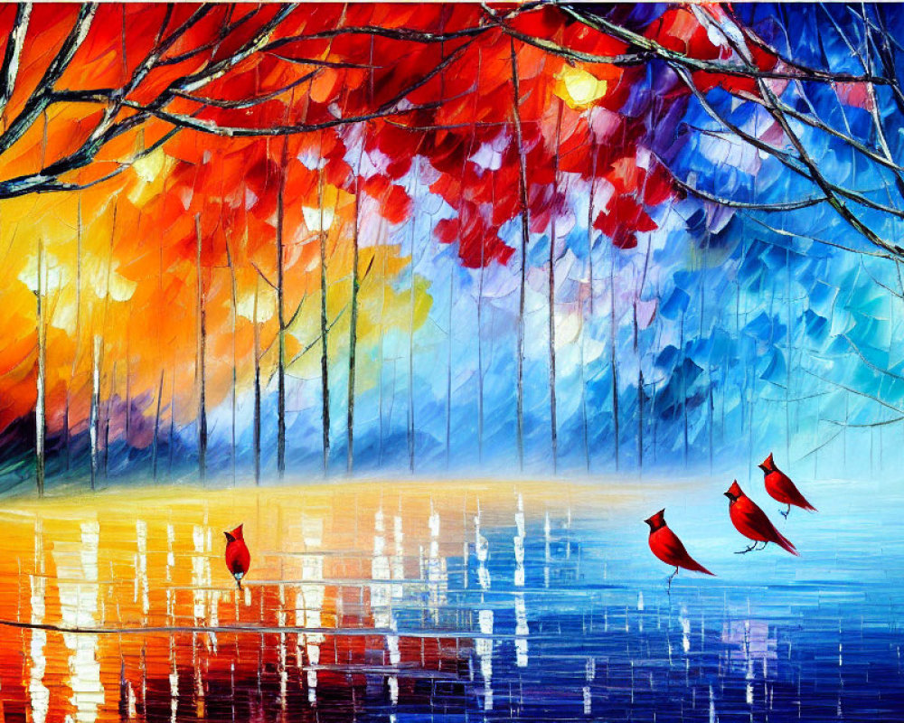 Colorful autumn forest painting with blue haze and red birds over water