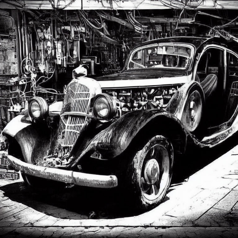 Vintage Car with Open Hood in Grayscale Garage