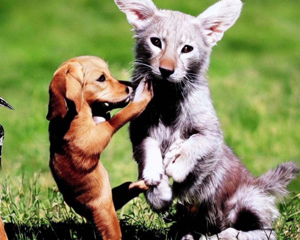 Playful puppy interacts with digitally altered kitten on grassy field