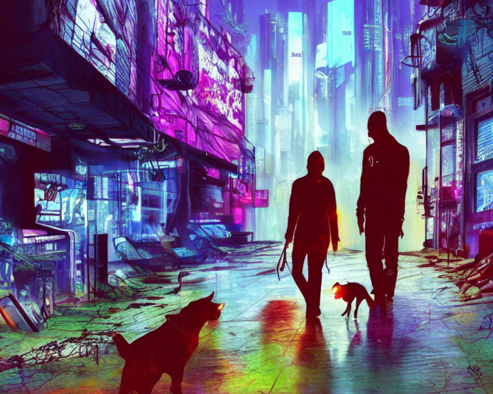 Silhouetted figures and dog in neon-lit futuristic cityscape