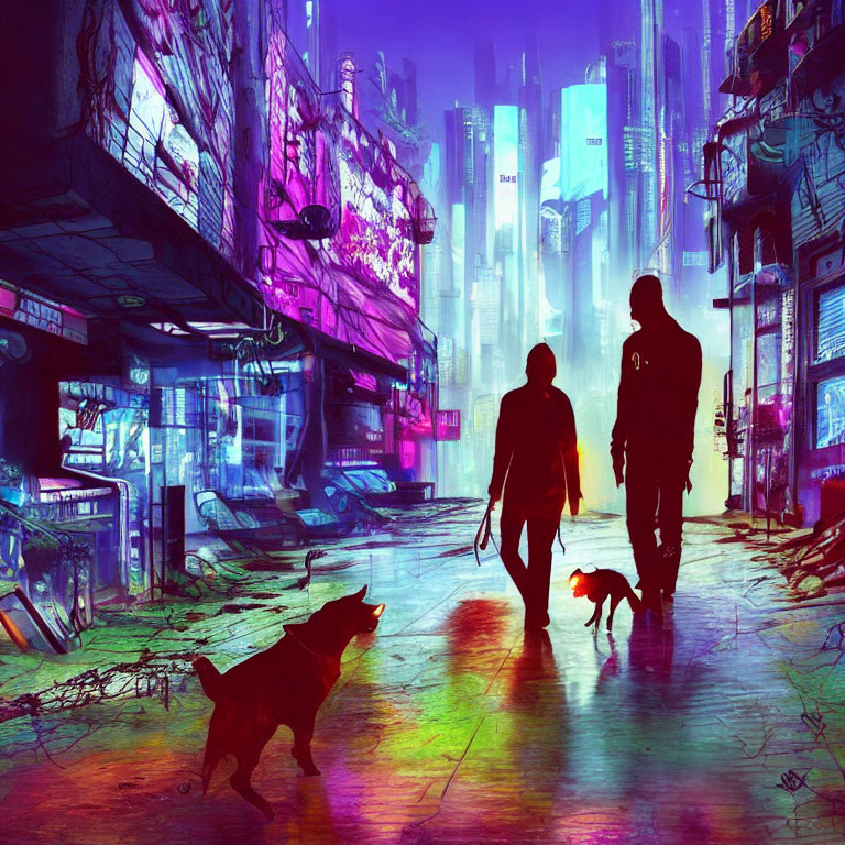 Silhouetted figures and dog in neon-lit futuristic cityscape