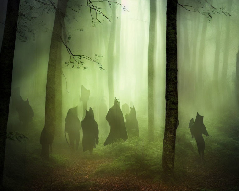 Mystical forest with silhouettes, green mist, and light beams