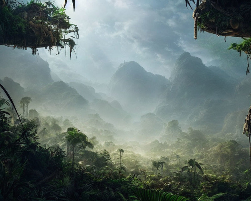Misty mountains and dense jungle in lush green scenery