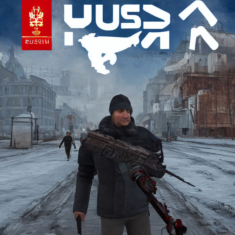 Man in beanie with rifle in war-torn street with Cyrillic text and emblem