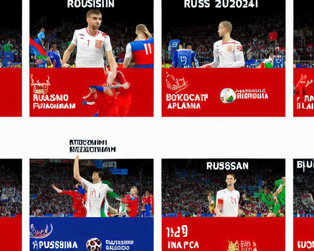 Soccer players in action collage with "RUSSIA 2023" Cyrillic text
