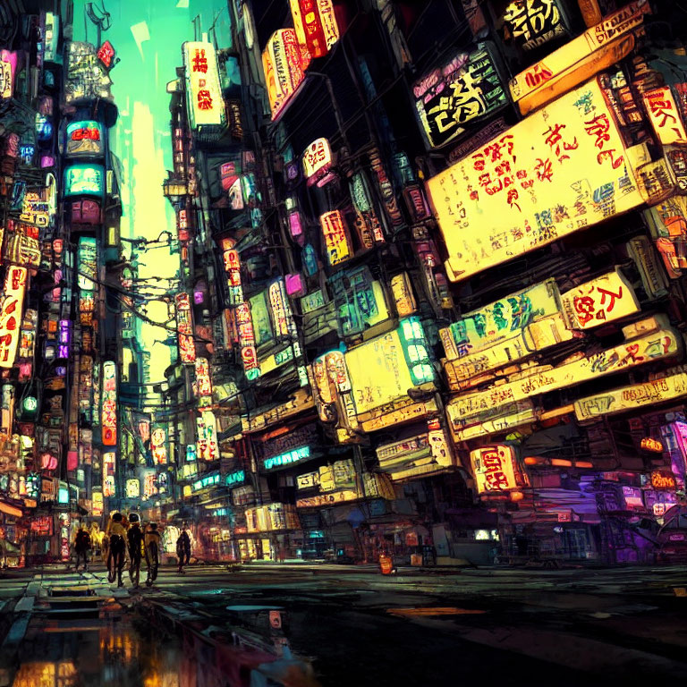 Colorful Cyberpunk Cityscape with Multilingual Neon Signs & Pedestrians
