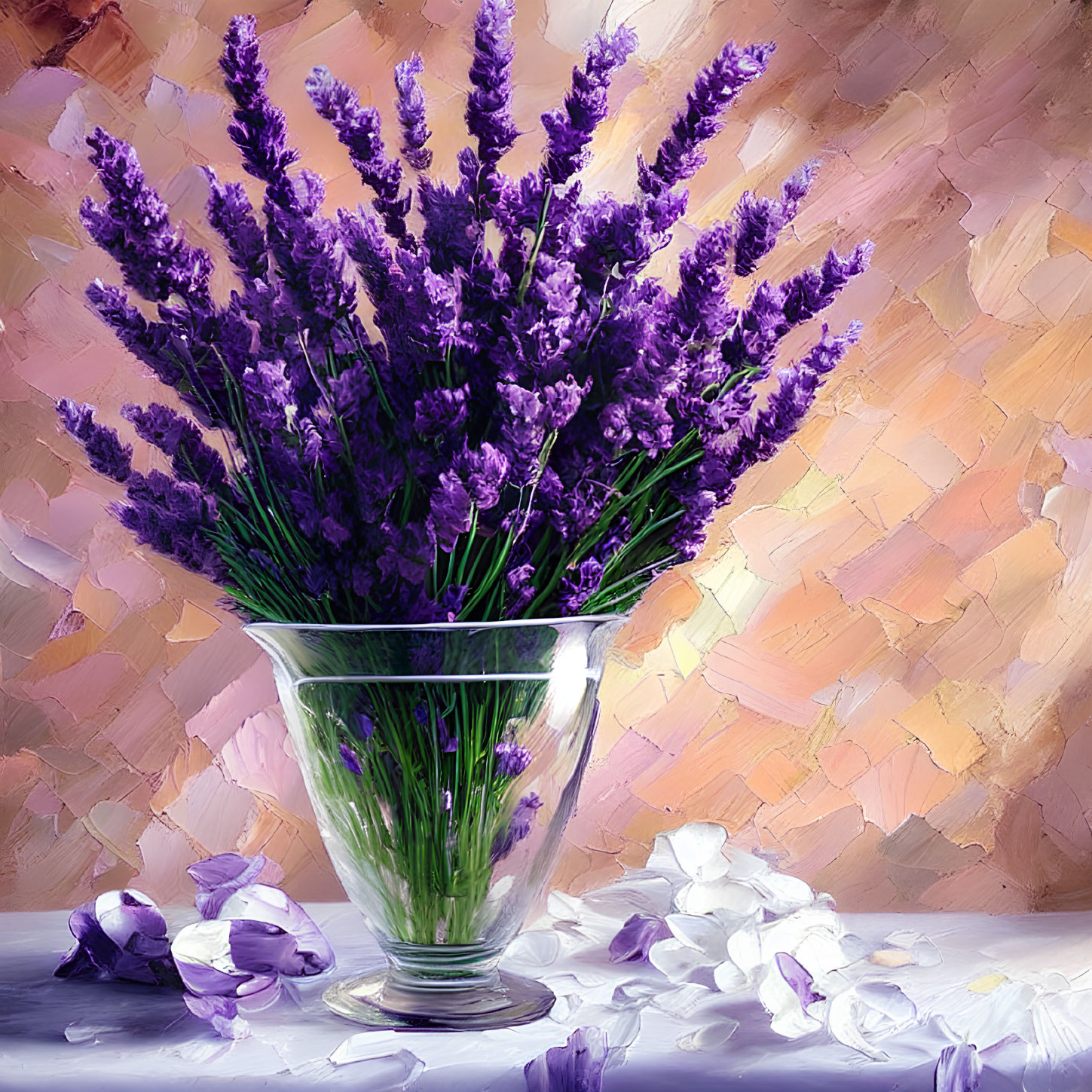 Purple lavender bouquet in clear glass vase on pastel background