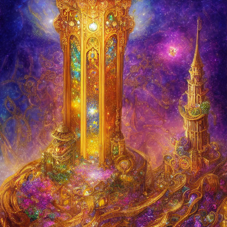 Detailed Fantasy Artwork: Golden Doorway, Tower, Cosmos, Flowers