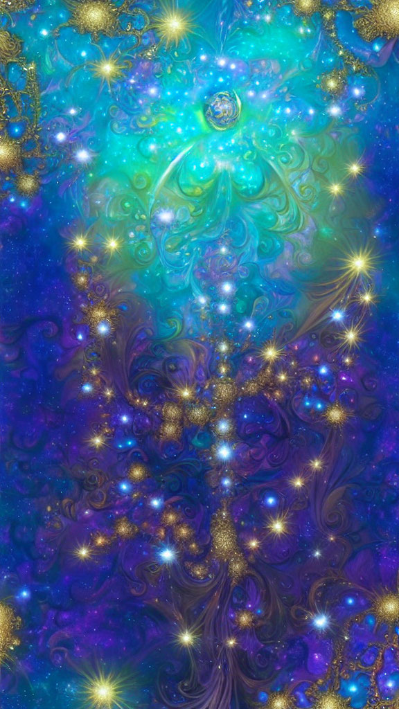 Vibrant digital artwork: Swirling blue and purple patterns with cosmic stars