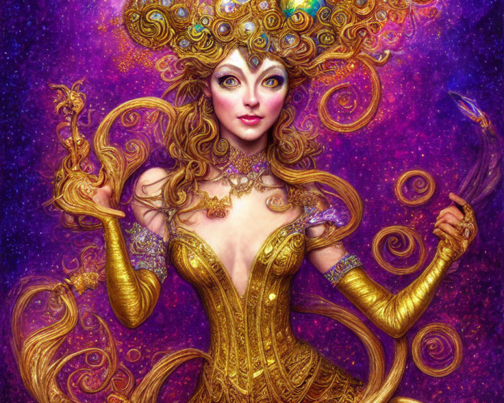Intricate golden attire woman in swirling purple hues