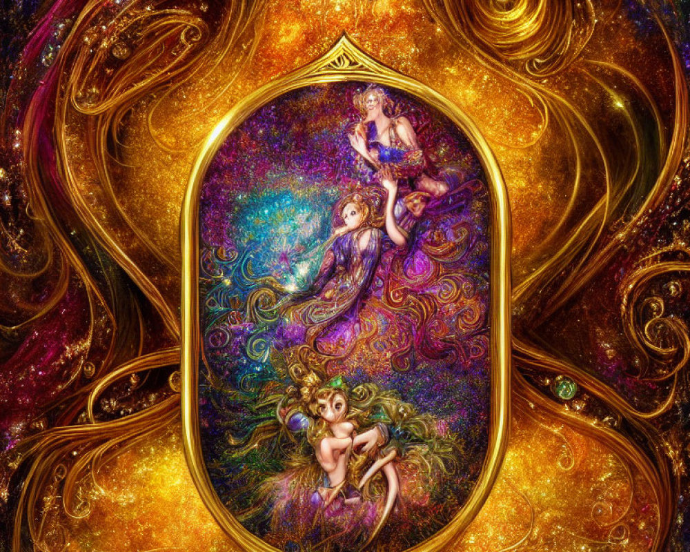 Golden Frame Surrounds Vibrant Cosmic Scene with Ethereal Women