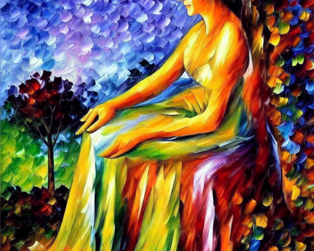 Colorful Impressionistic Painting of Woman Outdoors with Abstract Foliage