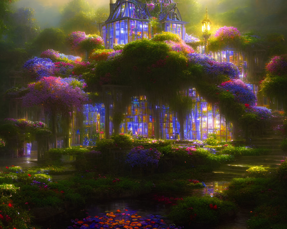 Enchanting Glasshouse with Lanterns, Pond, and Blossoms