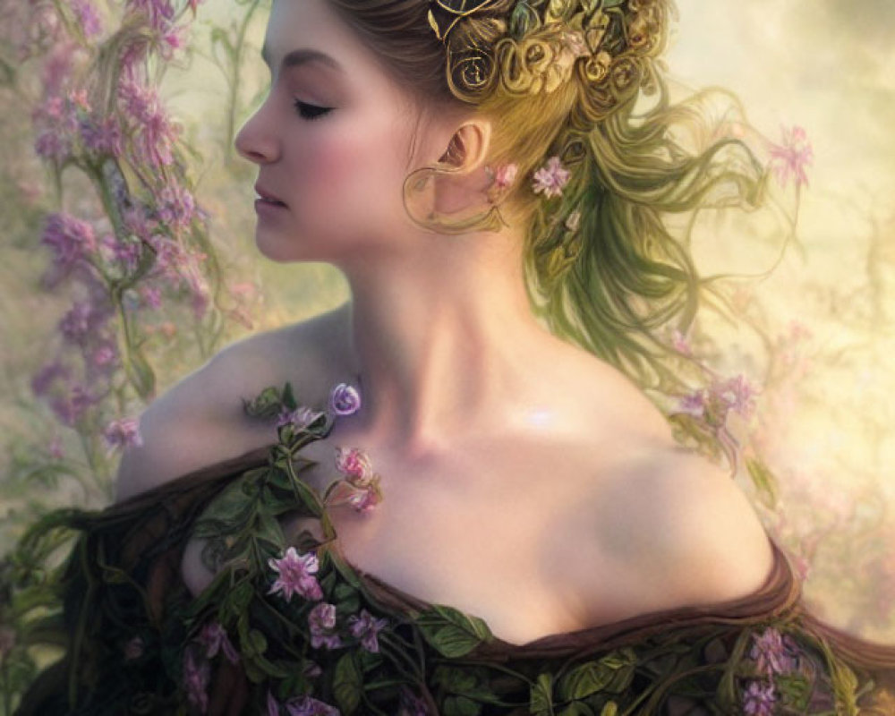 Woman with Nature-Inspired Headdress and Flowers Pose Among Ethereal Blooms
