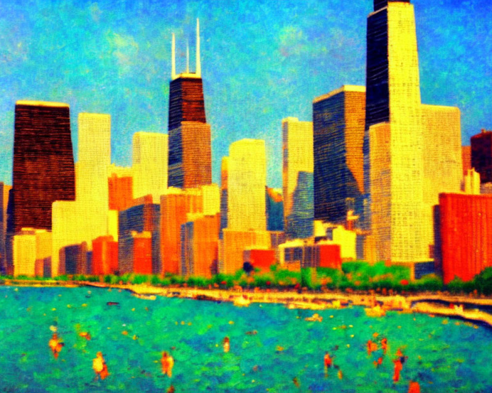 Impressionistic city skyline painting with tall buildings and blue sky