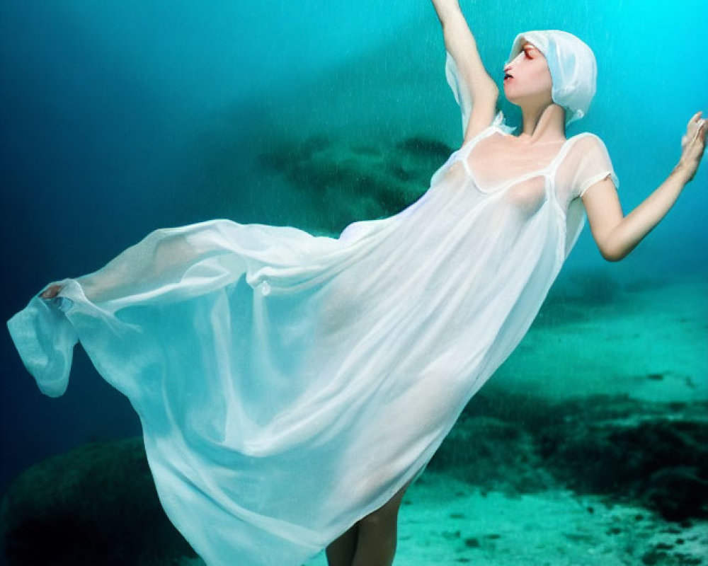 Underwater dancer in white dress and swim cap with flowing fabric under light.