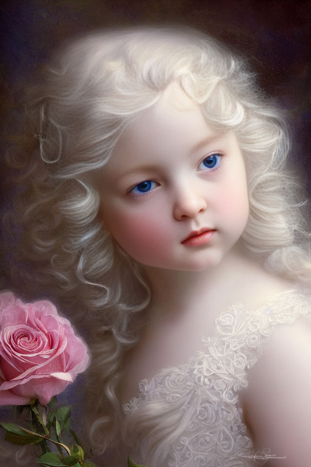 Young child with curly blond hair and blue eyes in white lace dress with pink rose.